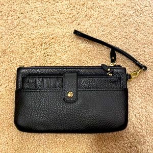 Lodis black leather clutch/wristlet with detachable card-holder wallet.